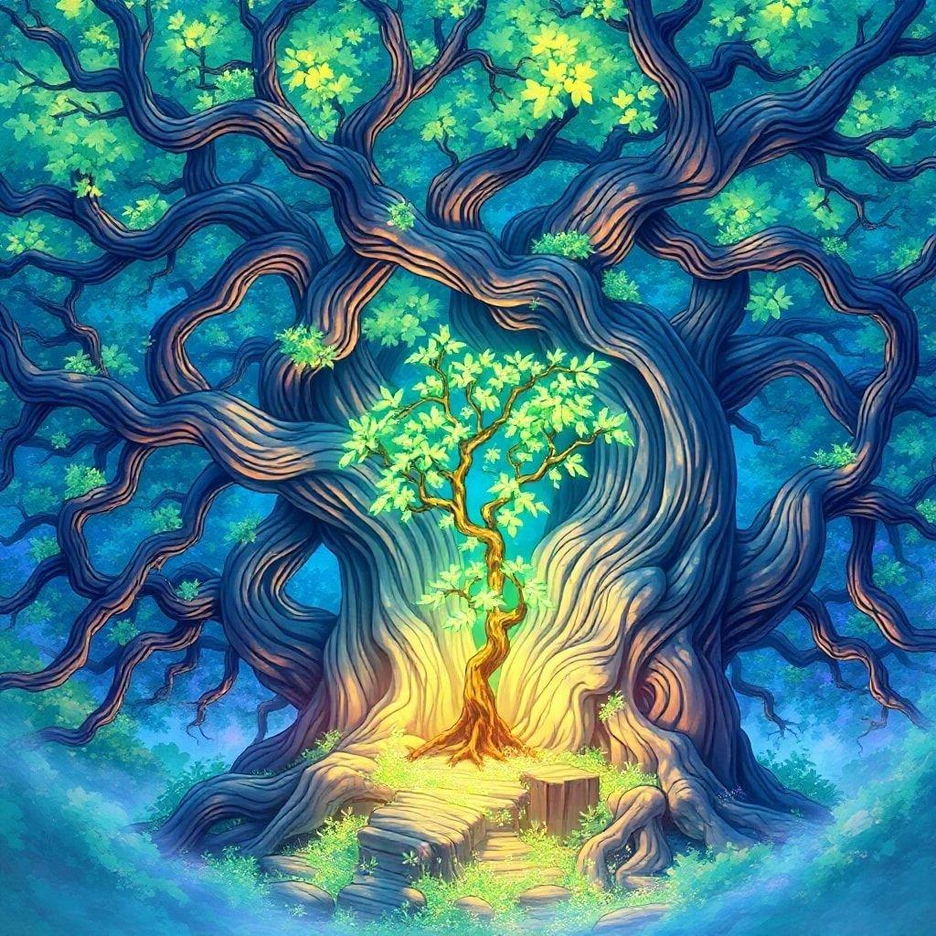 A captivating anime wallpaper showcasing a tree with a majestic trunk and twisted branches, glowing leaves and a central mystic tree. The background is filled with vibrant green and blue hues that create an enchanting atmosphere.