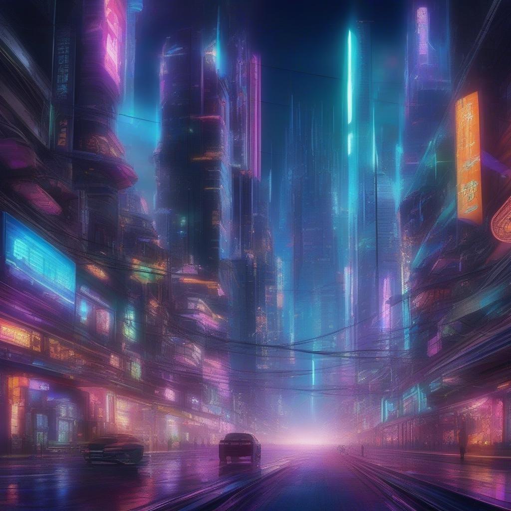 A vibrant city scene at night, filled with neon lights and holographic advertisements. The rain adds a touch of melancholy to the futuristic ambiance.