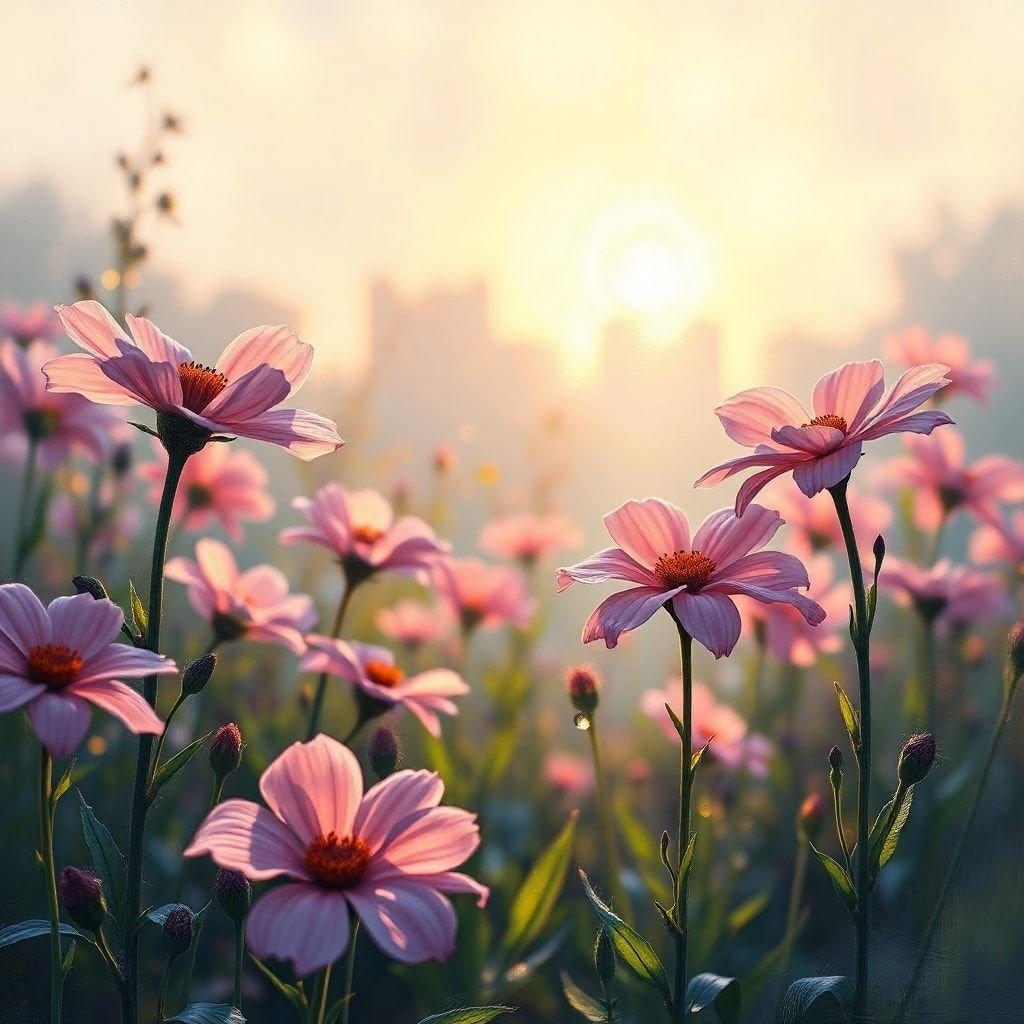 A serene sunset scene with a field blooming in pink flowers, creating a tranquil and picturesque view.