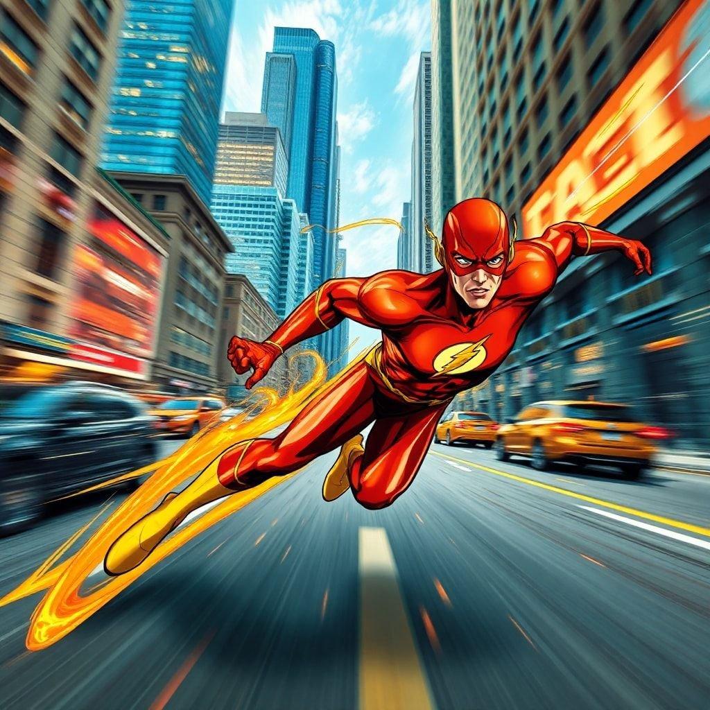 The Flash é um super-herói do universo DC Comics, conhecido por sua velocidade e agilidade sobre-humanas. Esta imagem o captura em ação, correndo pelas ruas da cidade com facilidade e graça.