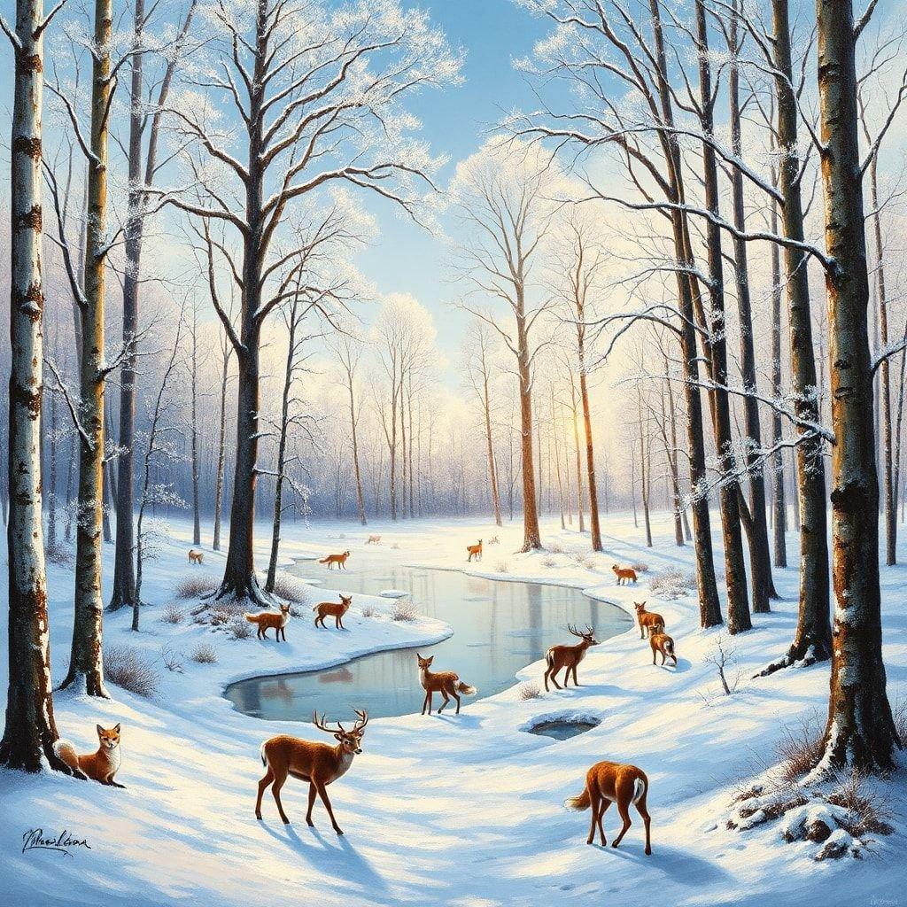 A tranquil winter scene with deer enjoying the peace of a snowy day in a forest clearing. A serene image perfect for festive holiday wallpapers.