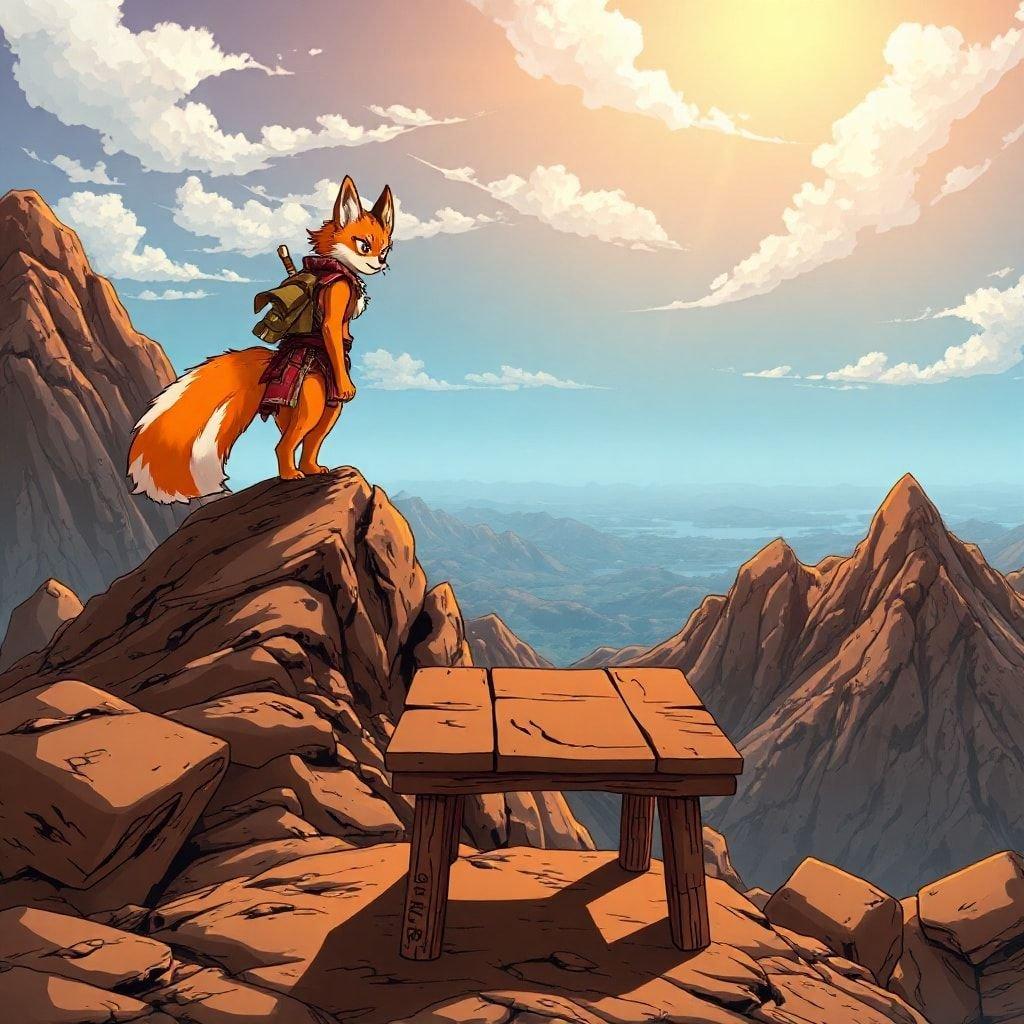 An animated depiction of a young samurai perched on a mountain peak, surveying the landscape. The warm tones of the scene suggest either a sunrise or sunset, with the anime style bringing a sense of fantasy and adventure to the viewer.