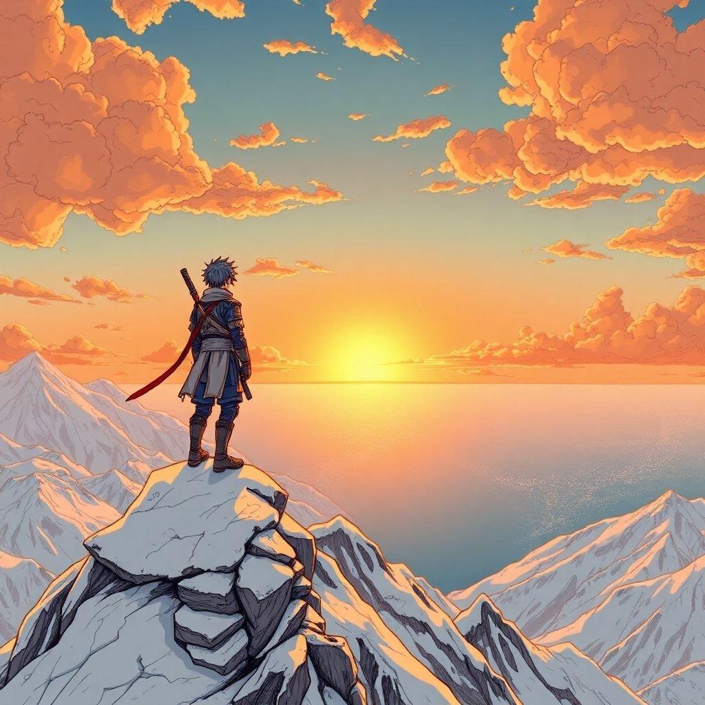 Dieses Anime-Stil Hintergrundbild fängt die ruhige Schönheit eines jungen Ninja-Kriegers ein, der die atemberaubende Aussicht auf einen Sonnenaufgang von der Spitze eines schneebedeckten Berggipfels genießt. Der Himmel ist mit warmen Orangetönen und Gelb gemalt, während der Ozean darunter in einem ruhigen Blaugrün schimmert.