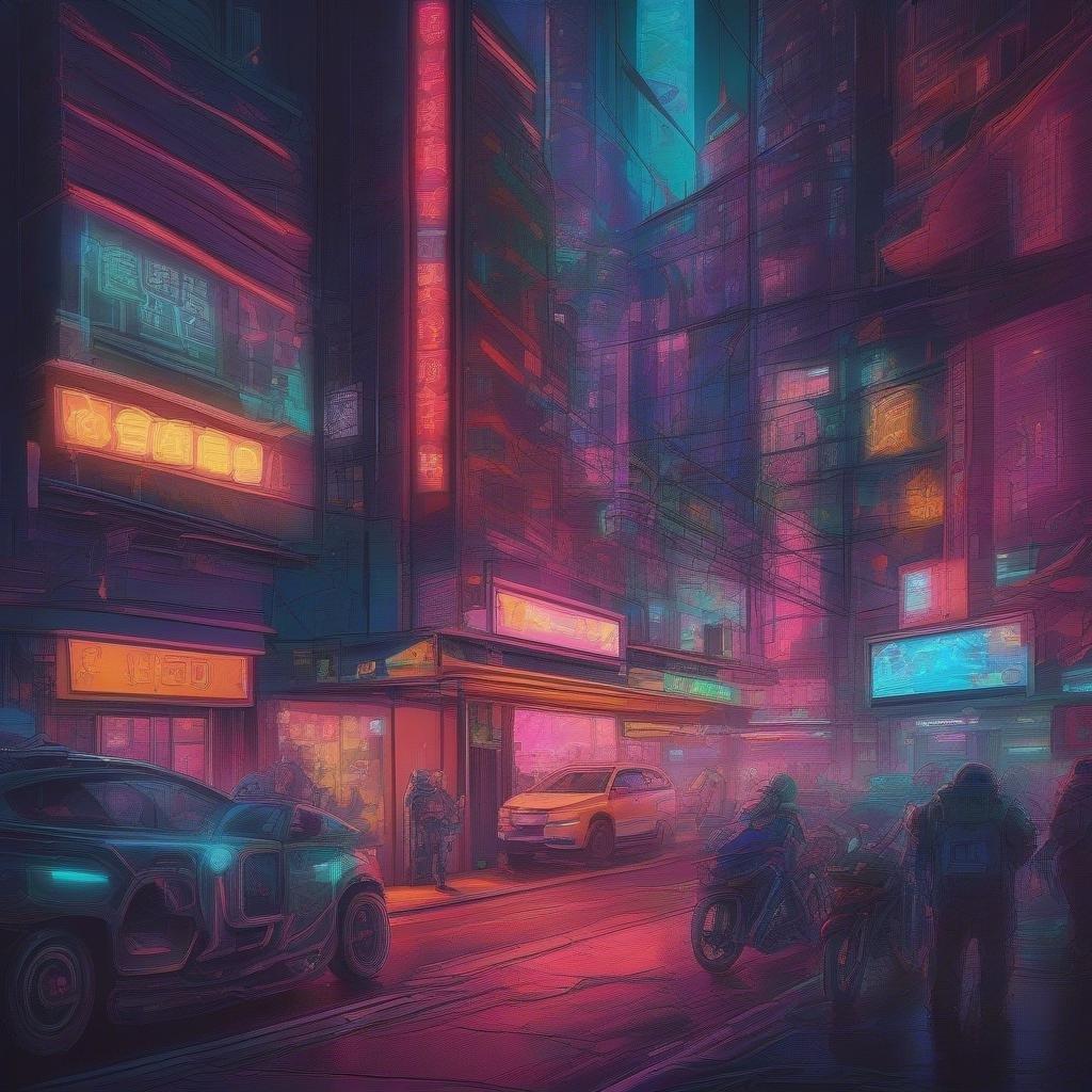 A neon-lit street scene in a cyberpunk metropolis, where the future is now.