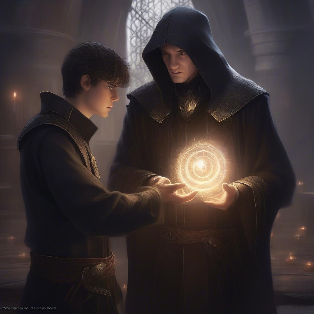 Two men in a fantasy setting, surrounded by mystical symbols and glowing orbs, as they engage in a magical ritual or ceremony.