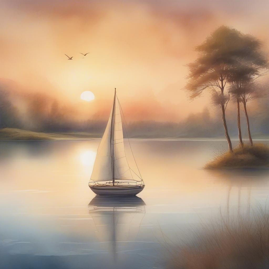 A serene scene of a sailboat peacefully docked at sunset, with birds flying overhead and trees lining the shore.