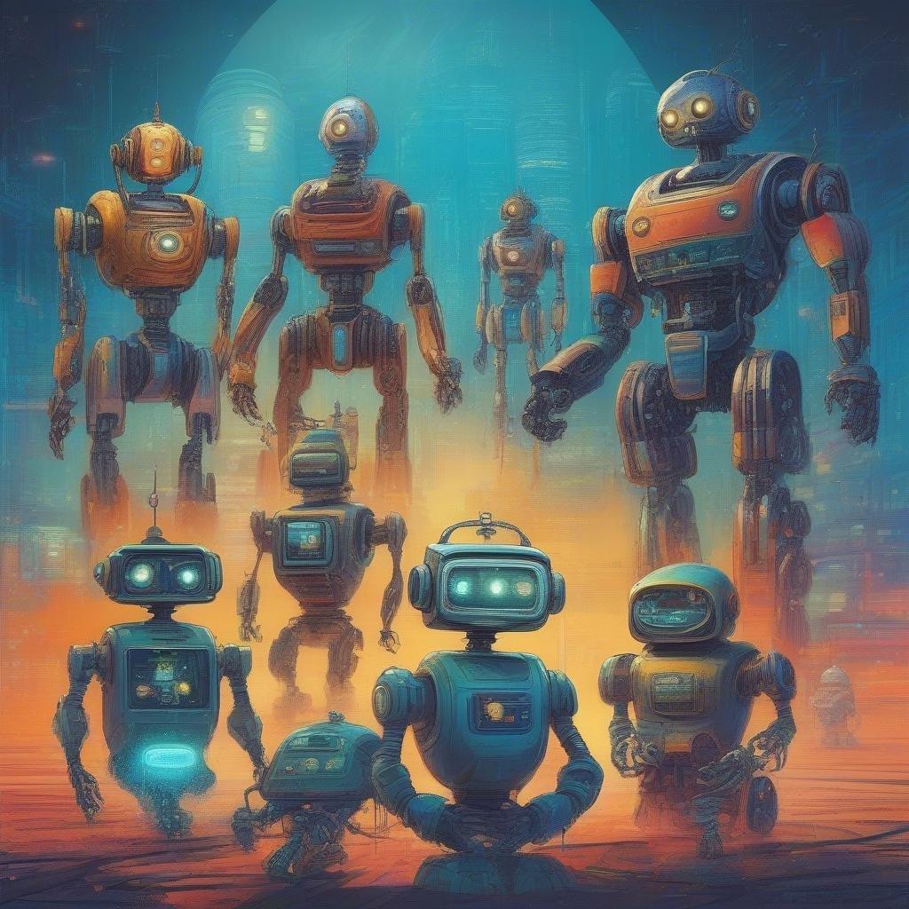 In this futuristic scene, various robot models stand together in a desert-like landscape. From left to right, you see robots with different designs and colors, showcasing the diversity of artificial intelligence in this world.