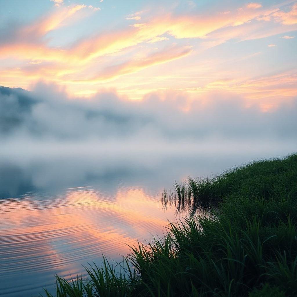 Una vista tranquila de un lago brumoso con el amanecer reflejándose en el agua, capturada en un estilo artístico impresionista.