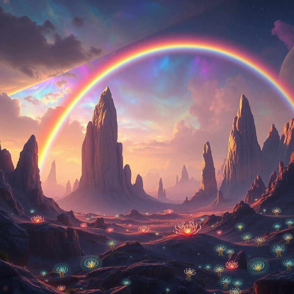 This stunning sci-fi landscape wallpaper features a breathtaking alien world with towering rock formations, a vibrant rainbow, and glowing plants, perfect for desktop and mobile use.