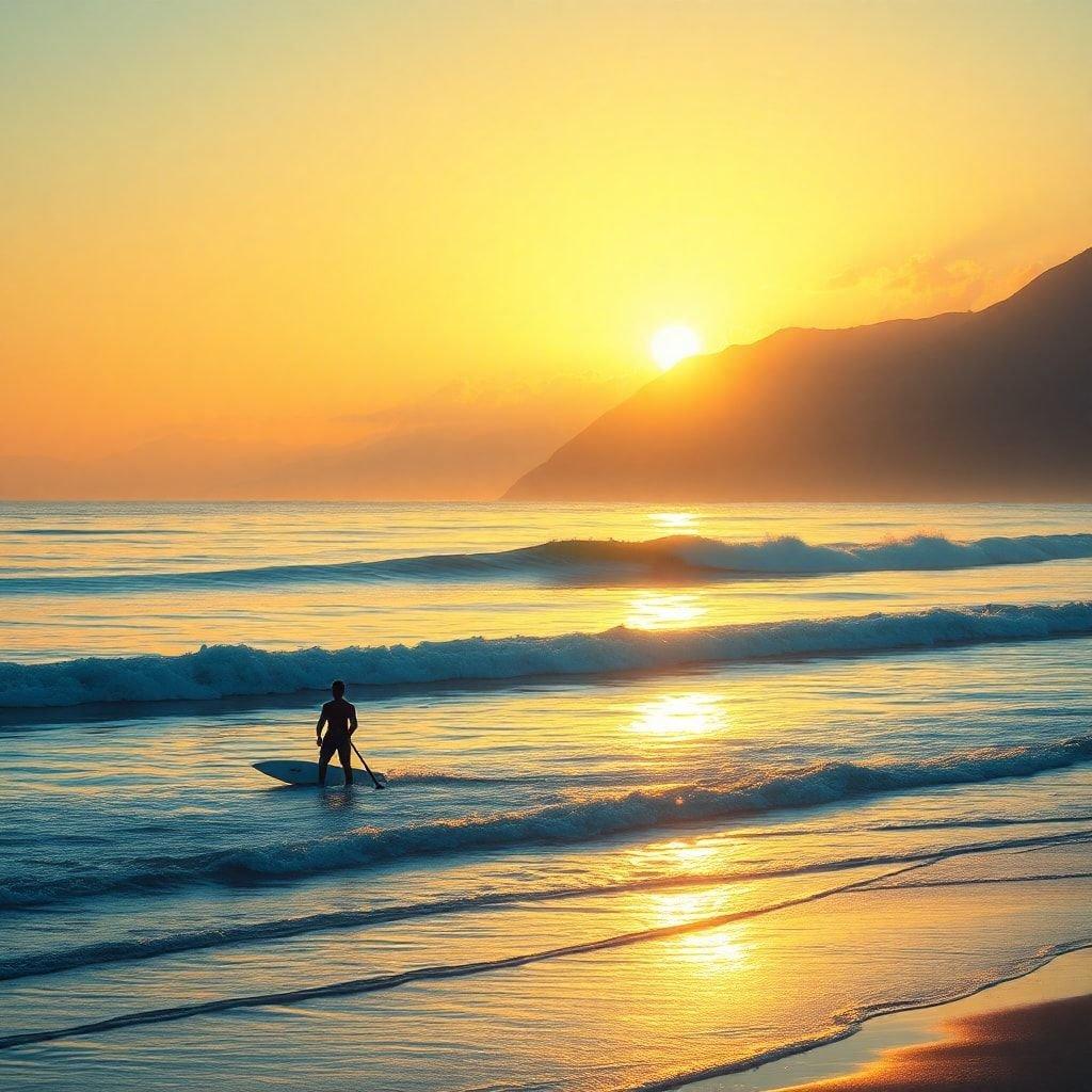 Un surfeur silhouetté contre l'éclat doré d'un coucher de soleil sur une plage tropicale.