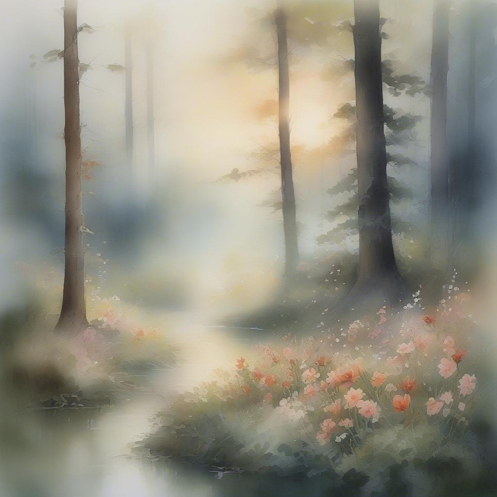 A tranquil walk through the misty woods, where art meets nature in a beautiful tableau.