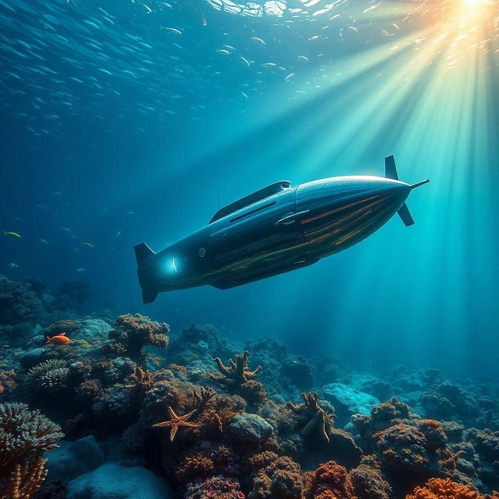 This stunning wallpaper captures the essence of an underwater scene, with a submarine gliding effortlessly through the crystal-clear waters, surrounded by a kaleidoscope of marine life. The vibrant colors and intricate details bring the ocean's beauty to life, making it a perfect desktop and mobile wallpaper for anyone who loves the sea.