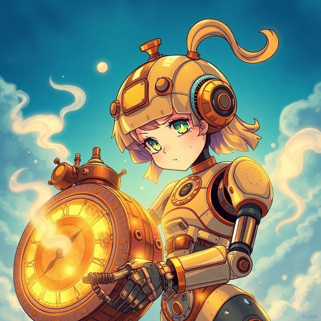 This captivating anime-style illustration features a young robot girl meticulously repairing a vintage clockwork machine. The robot, with its steampunk-inspired design, is the central focus of the image, showcasing a blend of steam and mechanical elements. The intricate details of the machine's design are illuminated by a warm yellow light, adding depth and dimension to the scene. The deep blue sky in the background creates a sense of mystery and intrigue, drawing the viewer's attention to the robot and its task. This image is a perfect representation of the anime genre, with its vibrant colors and detailed illustrations.