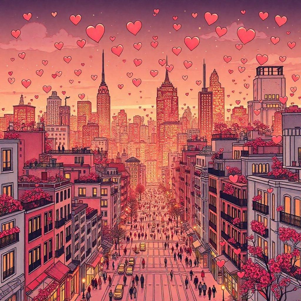 This beautiful Valentine's Day wallpaper captures the essence of love and romance in the heart of the city. The image features a stunning cityscape with towering skyscrapers and bustling streets, set against a backdrop of pink and red hues that evoke feelings of passion and affection. The city is adorned with hearts and flowers, adding a touch of whimsy and playfulness to the scene. Whether you're looking to express your love for someone special or simply want to add a touch of romance to your digital life, this wallpaper is sure to delight.