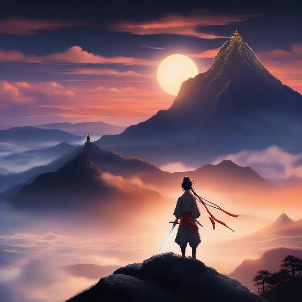 Eine junge Samurai steht bei Sonnenuntergang auf einem Berggipfel Wache, ihr Schwert leuchtet mit mystischer Energie. Die atemberaubende Szene ist im warmen Licht der untergehenden Sonne getaucht und von wispy Wolken umhüllt, was eine Atmosphäre von sowohl Ruhe als auch Erwartung schafft.