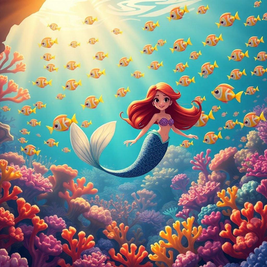 Join Ariel on an underwater adventure as she swims through the coral reef with her fish friends.