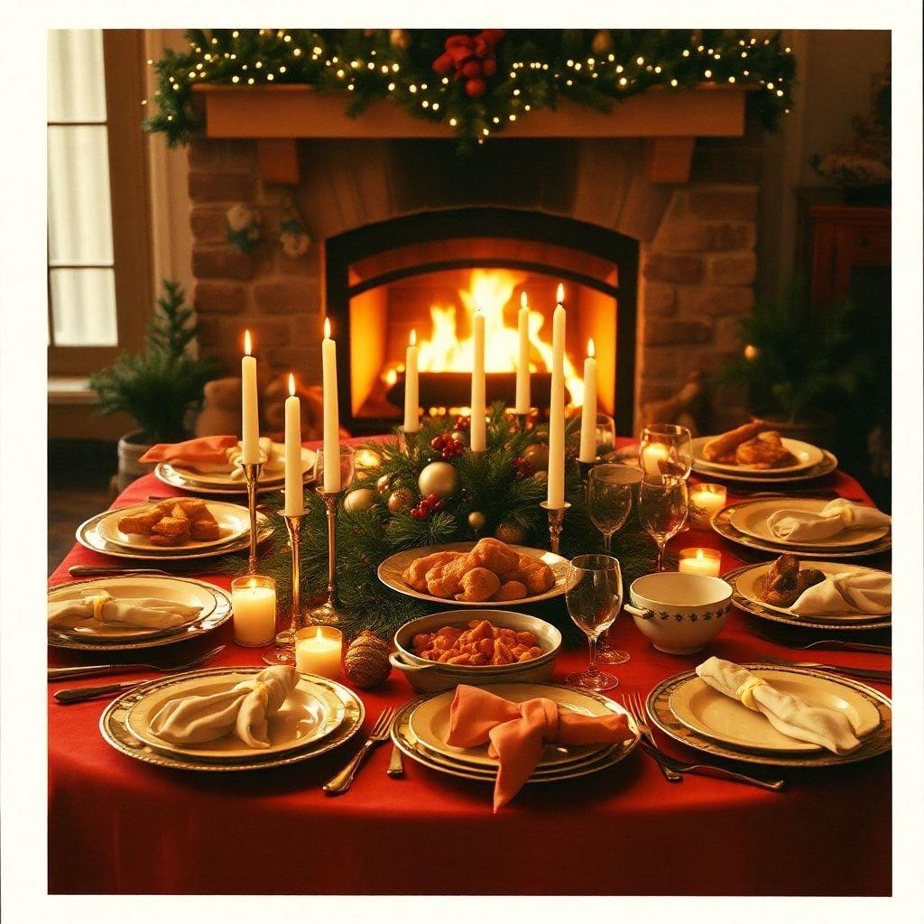 Celebrate the holiday season with a hearty meal, surrounded by the warmth of a festively decorated dining table. The scent of pine needles and cinnamon fills the room as the candlelight flickers over a spread of traditional Christmas delicacies.