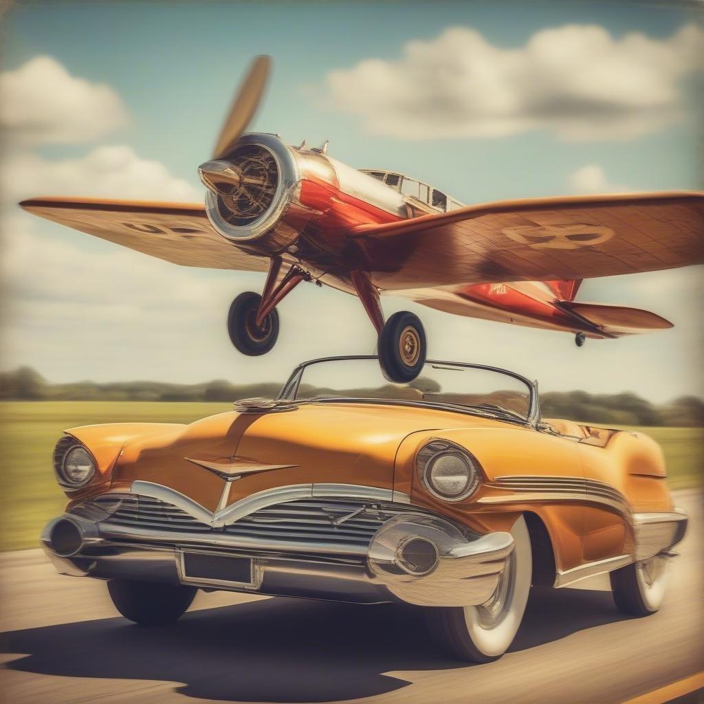 Buckle up for an exciting journey through the skies with a classic car chasing after a vintage airplane! Experience thrilling speeds and breathtaking stunts in this timeless adventure.