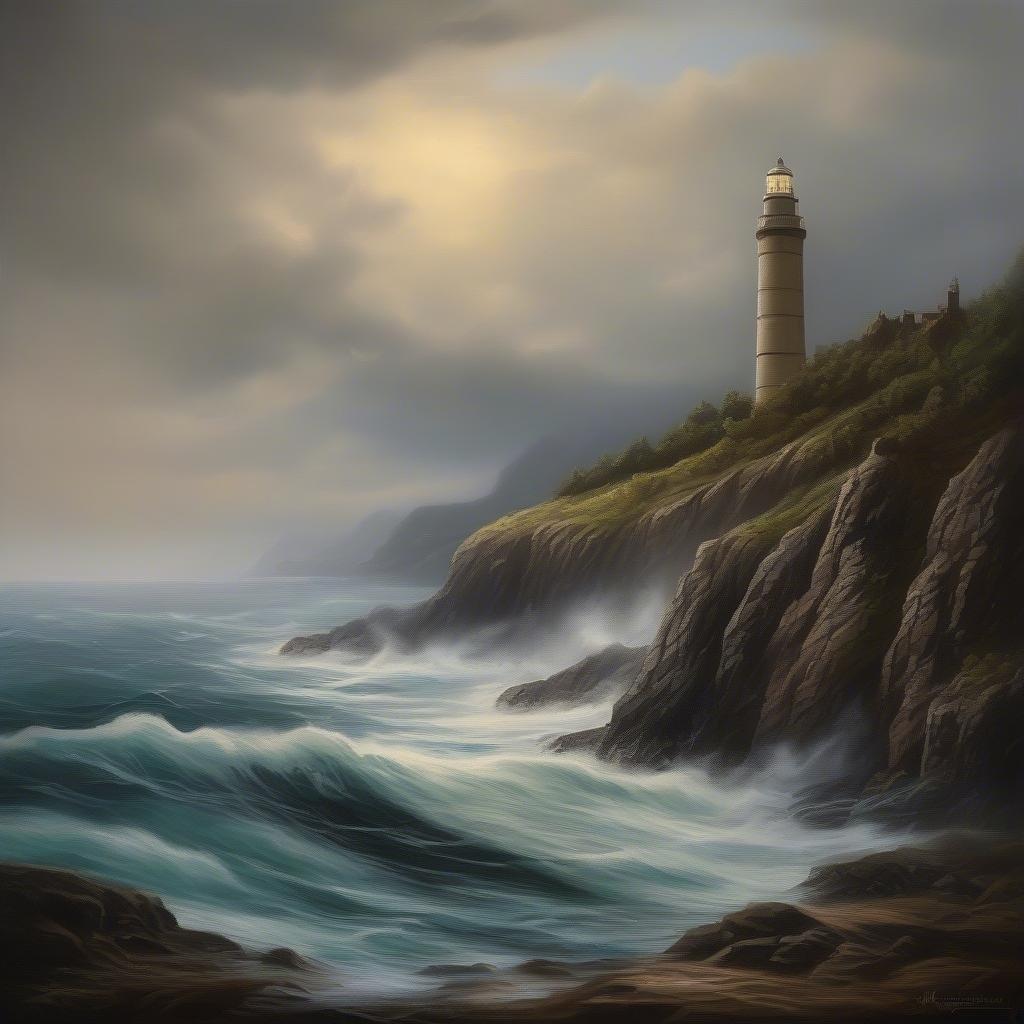 A picturesque coastal scene featuring a classic lighthouse standing guard on a cliff overlooking the sea, with dramatic sky and waves.