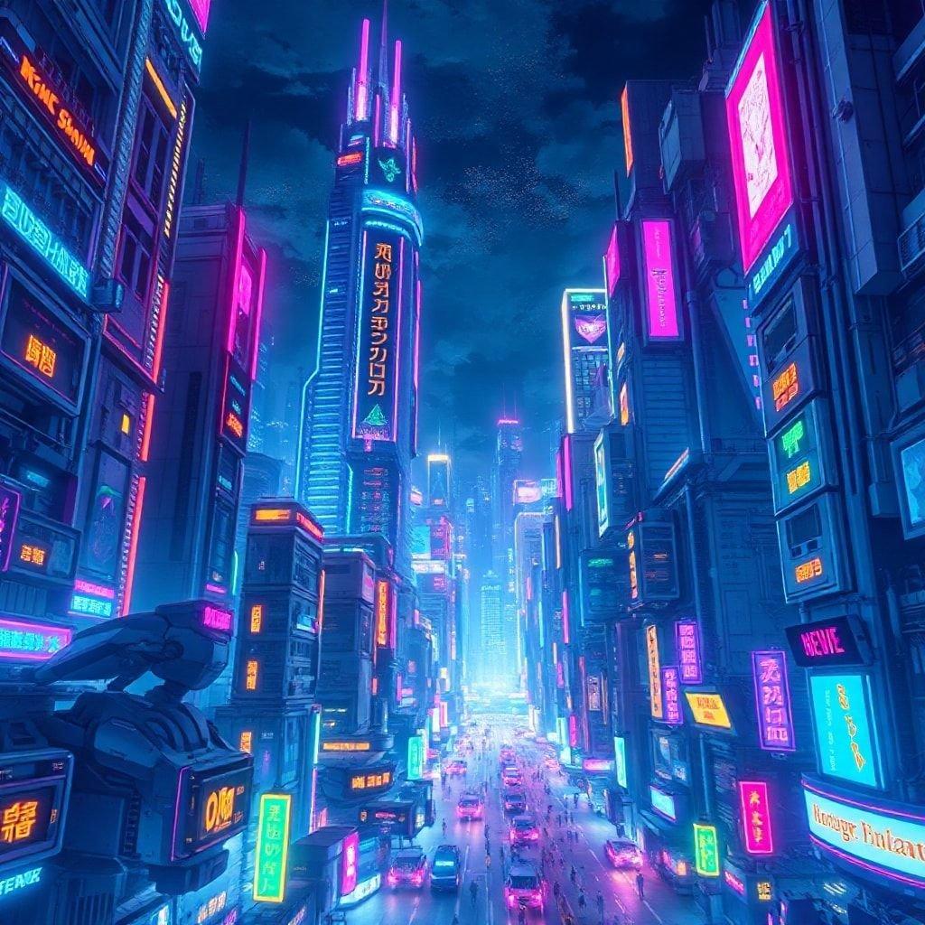 Dyk ner i den livfulla världen av anime med denna fantastiska stadsscape bakgrund, som har höga robotar och neonskyltar.