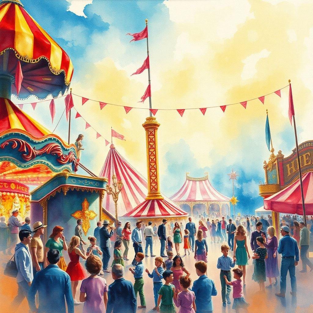 A lively scene from an amusement carnival, with people enjoying the rides, games, and festive atmosphere.