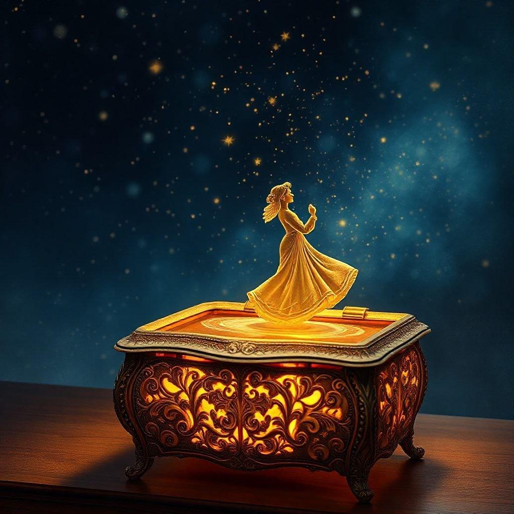 Add a touch of enchantment to your digital space with this beautiful wallpaper featuring Belle and the Beast from Disney's timeless classic. The scene is set against a twinkling night sky, with Belle gracefully dancing atop an ornate wooden chest, as the Beast looks on in admiration.