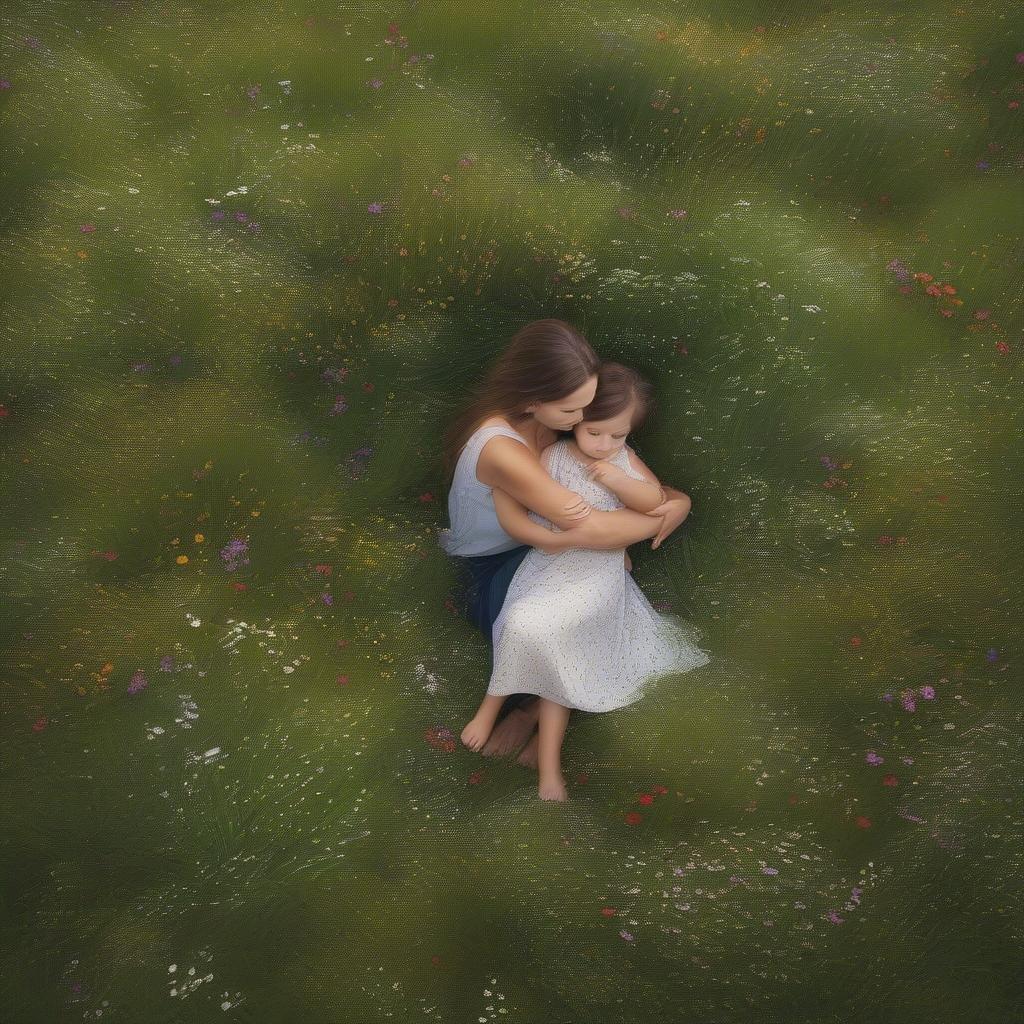 A heartwarming moment between a mother and daughter, captured in a beautiful field of flowers.