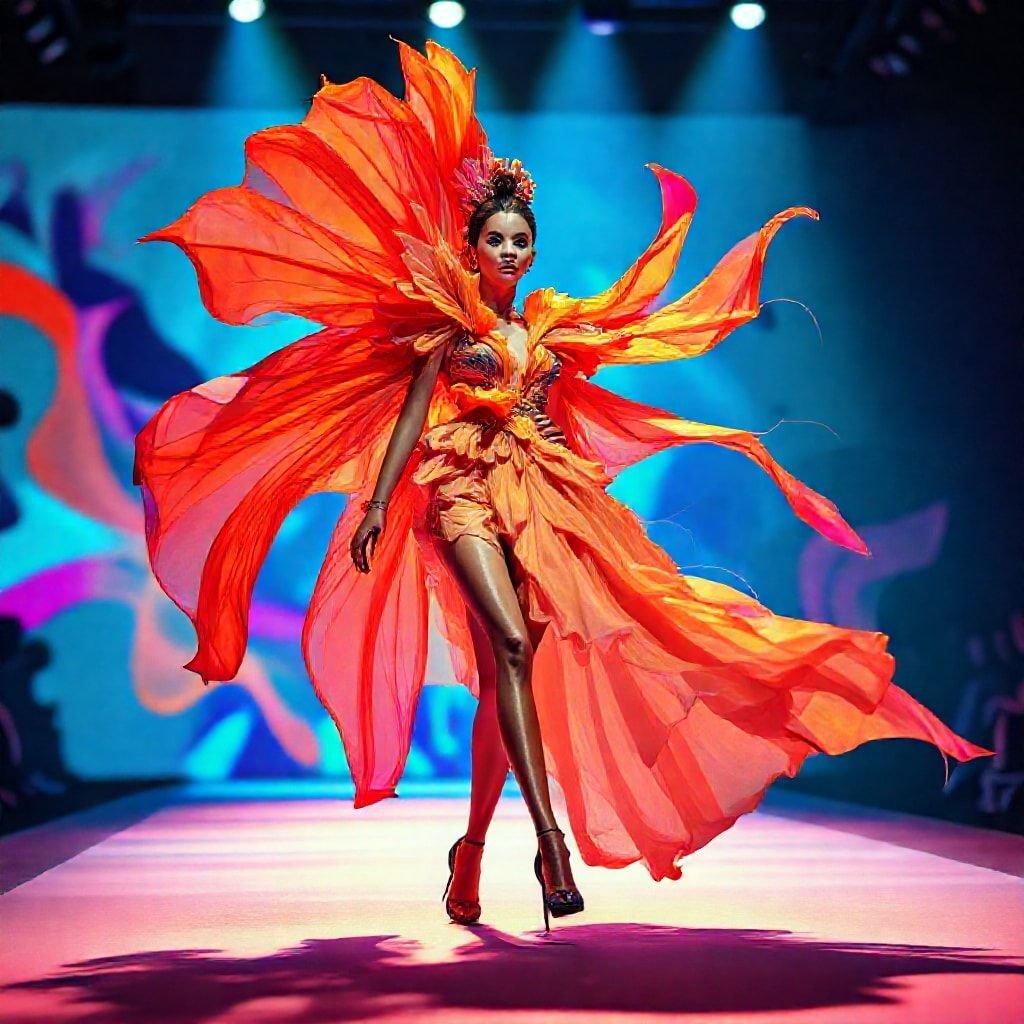 A model strides down the runway in a vibrant, eye-catching dress. The garment is an explosion of color with hues of orange and red dominating the scene. The intricate design includes multiple layers that flow around her, adding to the dramatic flair of the piece.