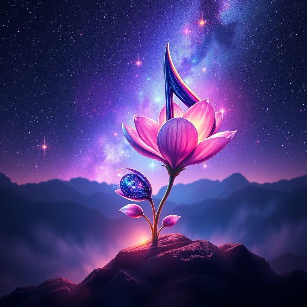 A symphony of nature as the universe seems to harmonize around a blooming lotus flower, set against a celestial night sky.