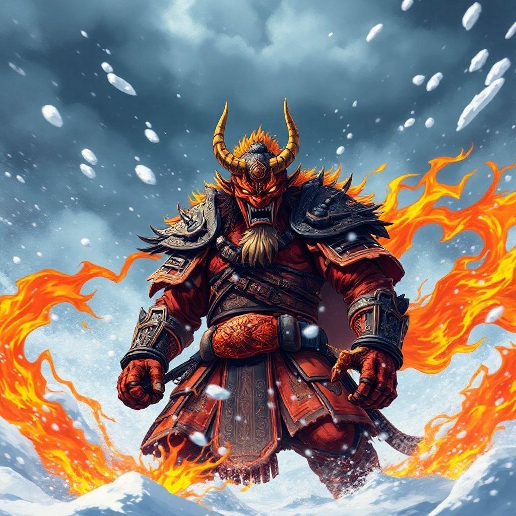 This stunning anime wallpaper features a fierce oni warrior standing strong amidst a raging snowstorm. The warrior's fiery orange and yellow flames are a striking contrast to the icy backdrop, creating a dramatic and intense atmosphere. The illustration captures the power and intensity of the warrior, with the figure's determined gaze directed towards the viewer.