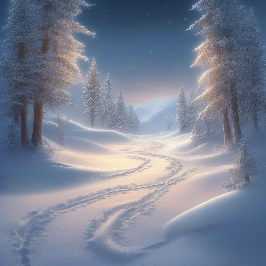 A serene snowy forest path, perfect for a peaceful holiday stroll.