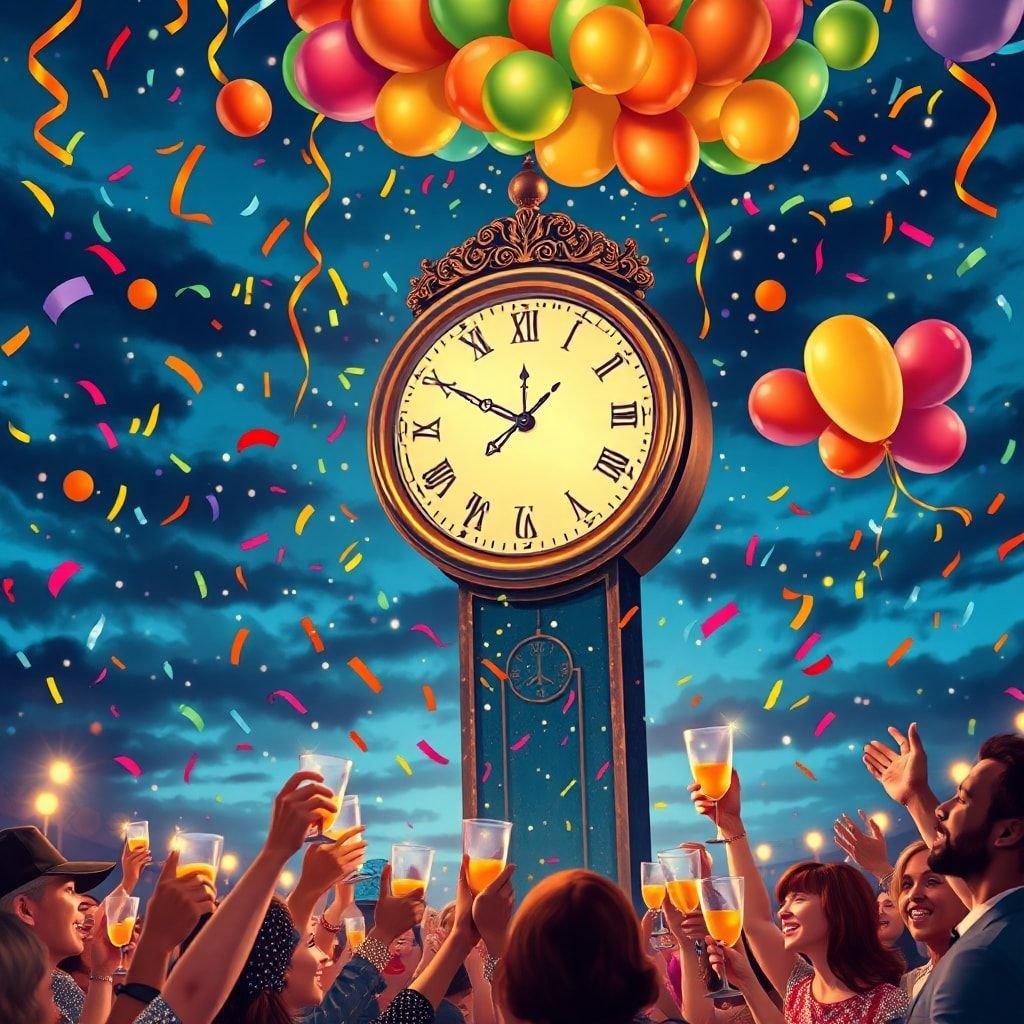 A lively scene of people celebrating New Year's Eve, surrounded by balloons and confetti, with a clock tower in the background.