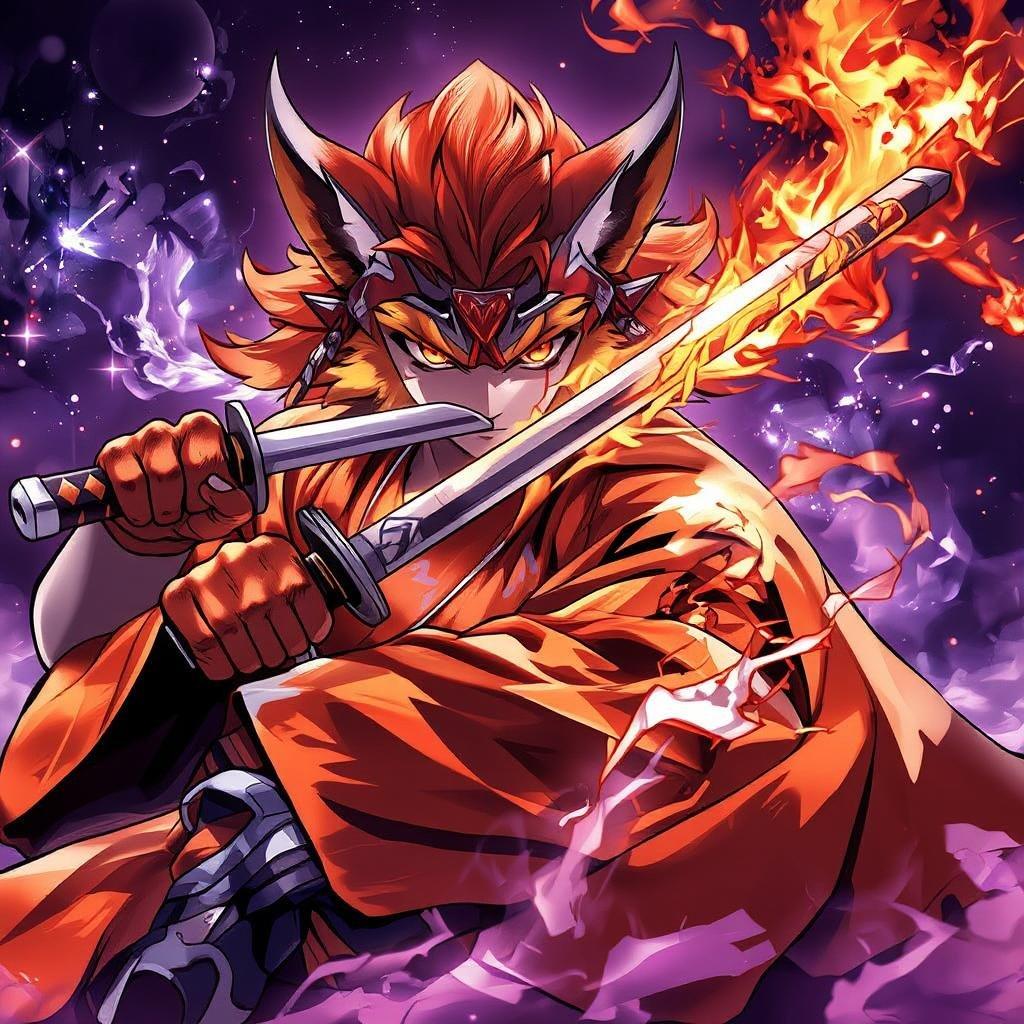 Witness a dynamic scene from anime where a warrior with fiery fur and vibrant attire braves a storm of starlight, holding his sword aloft in a powerful stance.