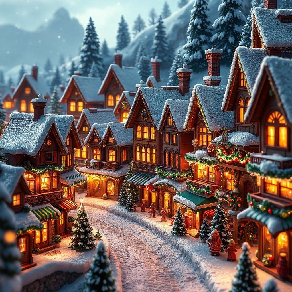 This festive winter scene captures the essence of a holiday village, with cozy lodges and cottages, twinkling lights from every window, and snow-covered trees lining the streets. The atmosphere is warm and inviting, evoking the cheerful spirit of Christmas.