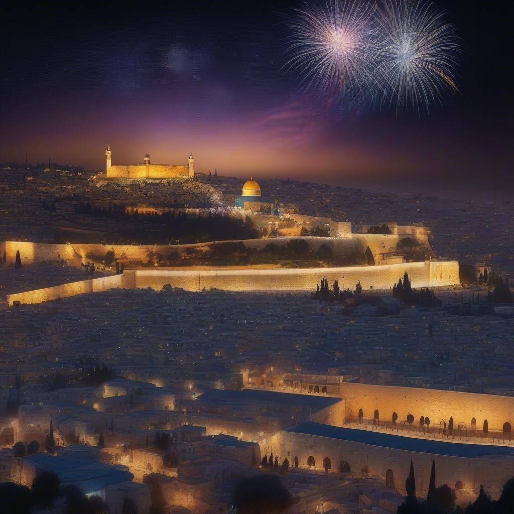 Une vue nocturne sereine des murs historiques de la ville sous un dais de lumières de Hanoucca, célébrant la fête juive avec joie et lumière.