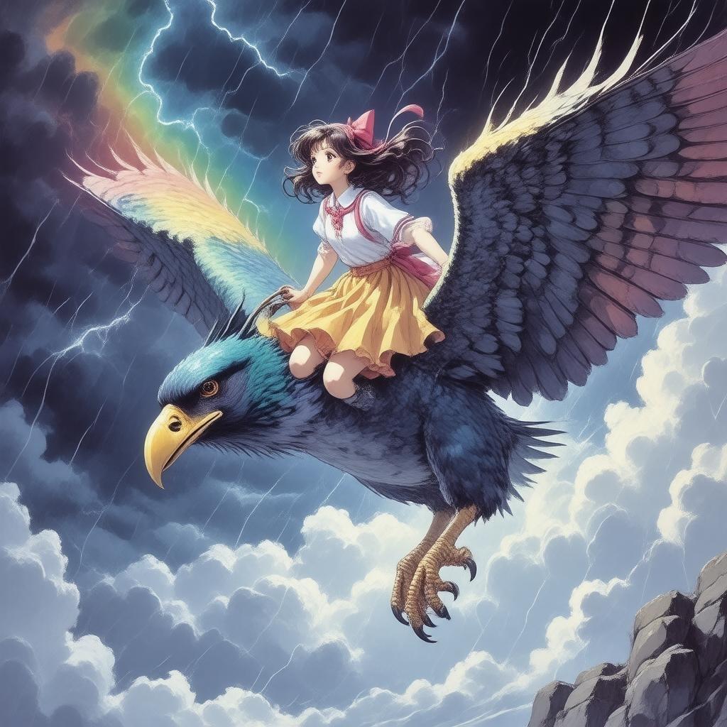 Diese Anime-Illustration zeigt ein Schulmädchen, das auf einem riesigen Vogel reitet, vor einem dunklen stürmischen Himmel. Das regenbogenfarbene Outfit des Schulmädchens kontrastiert wunderschön mit dem ominösen Hintergrund und schafft einen auffälligen visuellen Effekt.