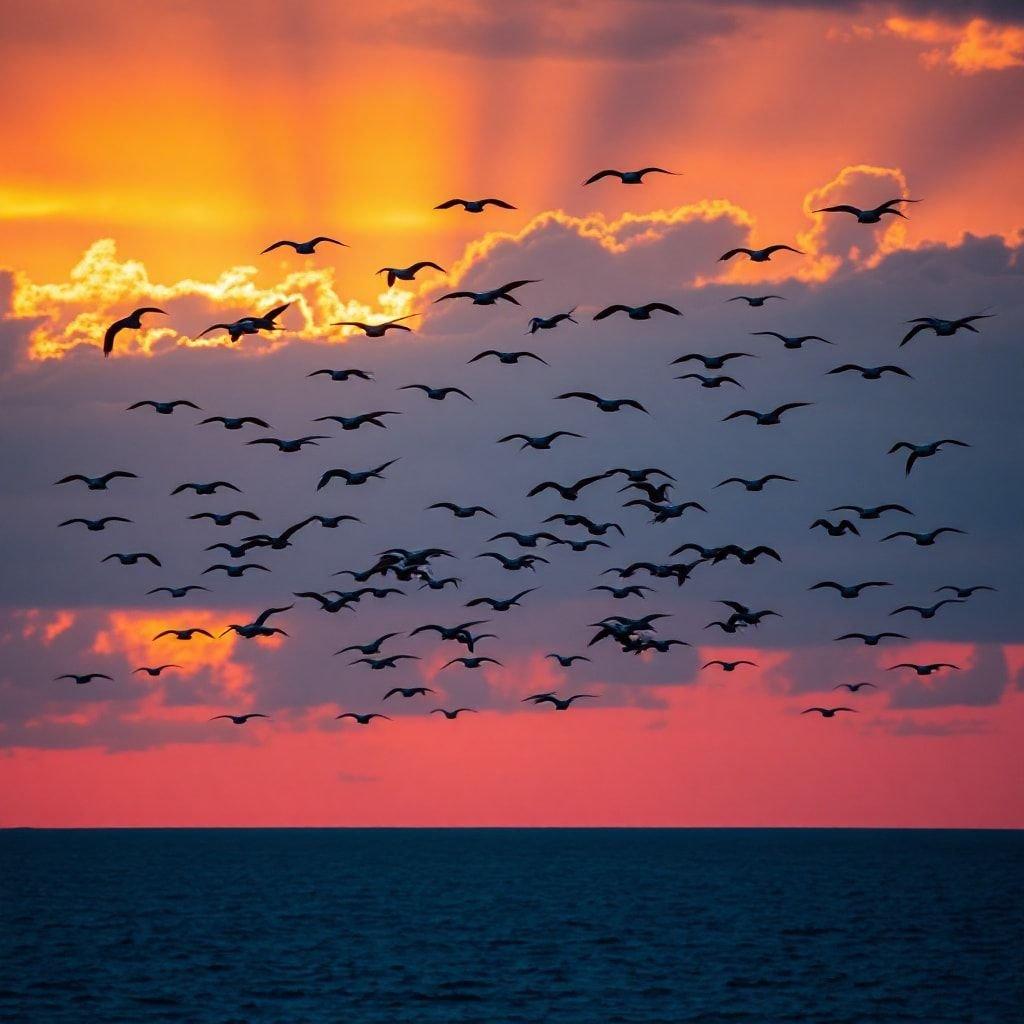 This stunning wallpaper features a flock of birds flying over the ocean at sunset, creating a breathtaking scene that captures the beauty of nature.