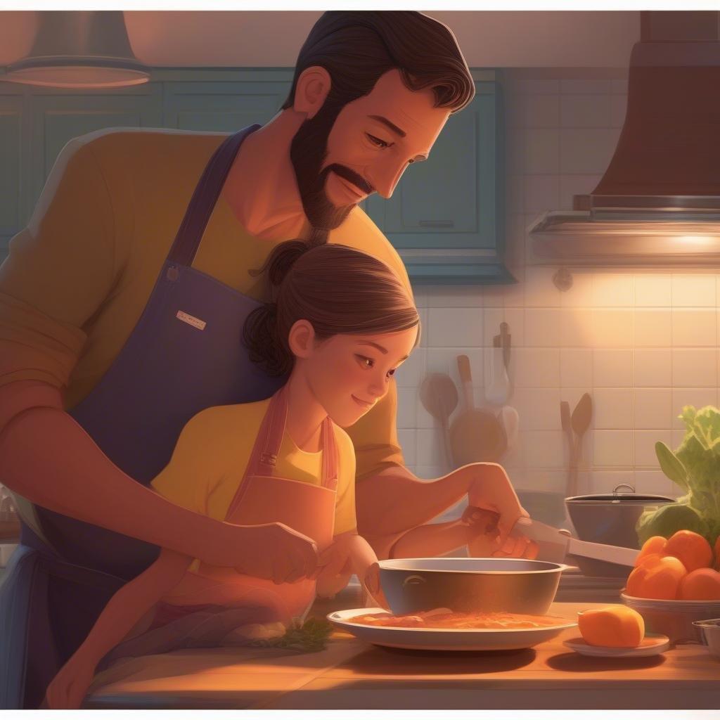 A heartwarming scene from Father's Day, where a father teaches his daughter how to make a delicious meal together. They are in the kitchen, surrounded by fresh ingredients like oranges and vegetables. The warmth of their interaction is highlighted by the soft lighting and homely setting.