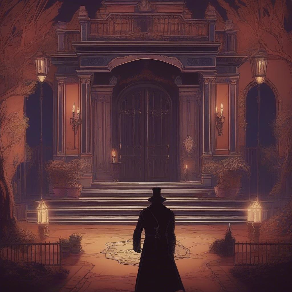 A man in a long coat and top hat stands in front of a grand, ornate building, waiting for someone or something. The dark sky and ominous atmosphere create a sense of foreboding and suspense.