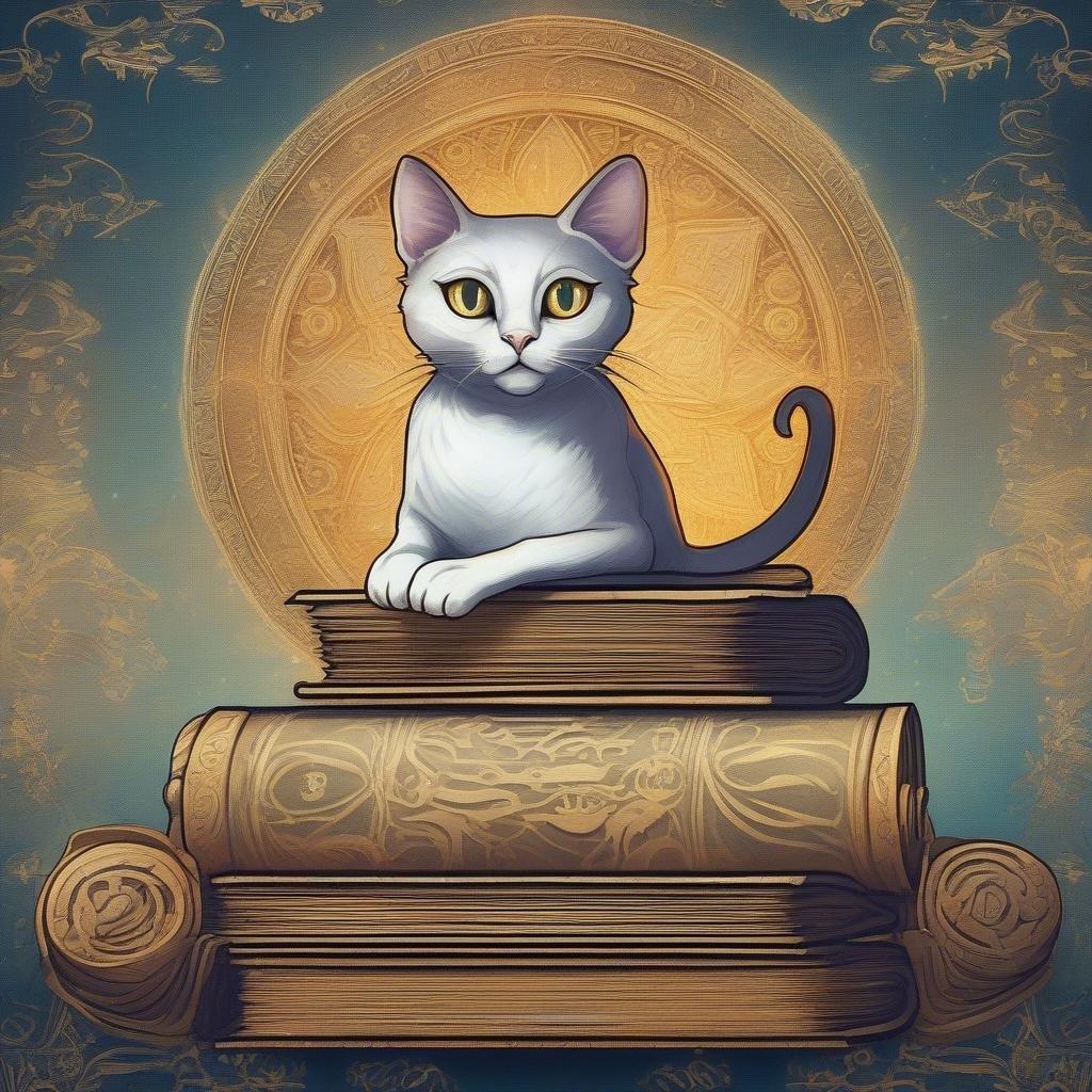 The enigmatic gaze of an anime cat perched atop ancient scrolls, exuding mystery and fantastical charm.