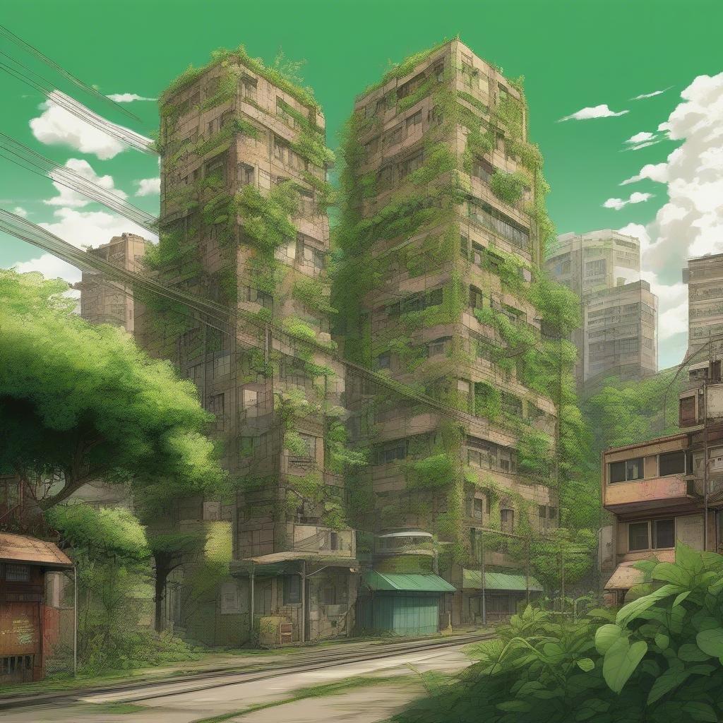 Plongez dans le monde vibrant de l'anime avec ce magnifique fond d'écran de paysage urbain, où des bâtiments imposants sont repris par la nature et où le graffiti raconte des histoires de résilience.