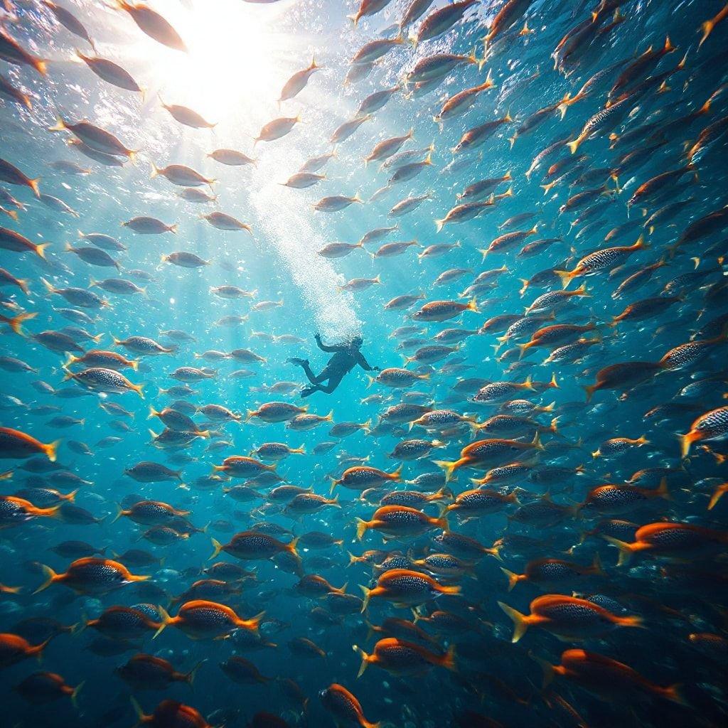 Experimenta la emoción de estar rodeado por miles de peces vibrantes en un océano tropical. Captura un momento de aventura y coexistencia pacífica con la naturaleza.