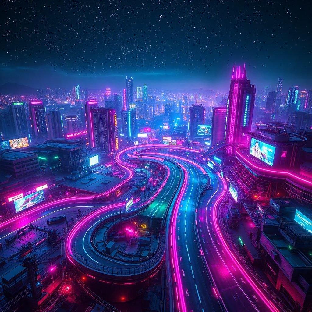 A vibrant night view of a futuristic city with neon lights, high-tech architecture, and fast-moving traffic on glowing purple roads.