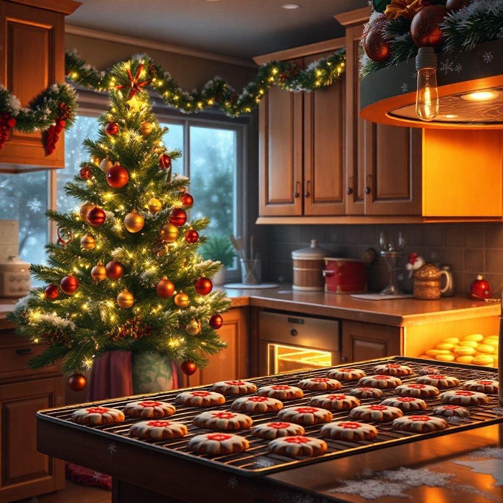 A festive kitchen scene with a beautifully decorated Christmas tree in the background, cookies baking on a tray, and a warm, welcoming atmosphere.