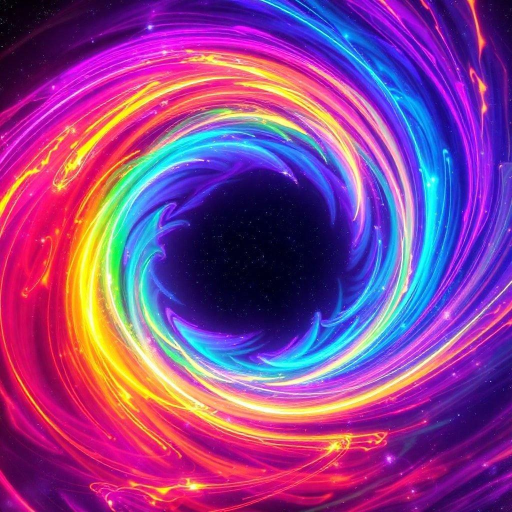 Fantastical purple, blue and yellow electric tunnel swirling towards the center. A mesmerizing wallpaper for digital devices.