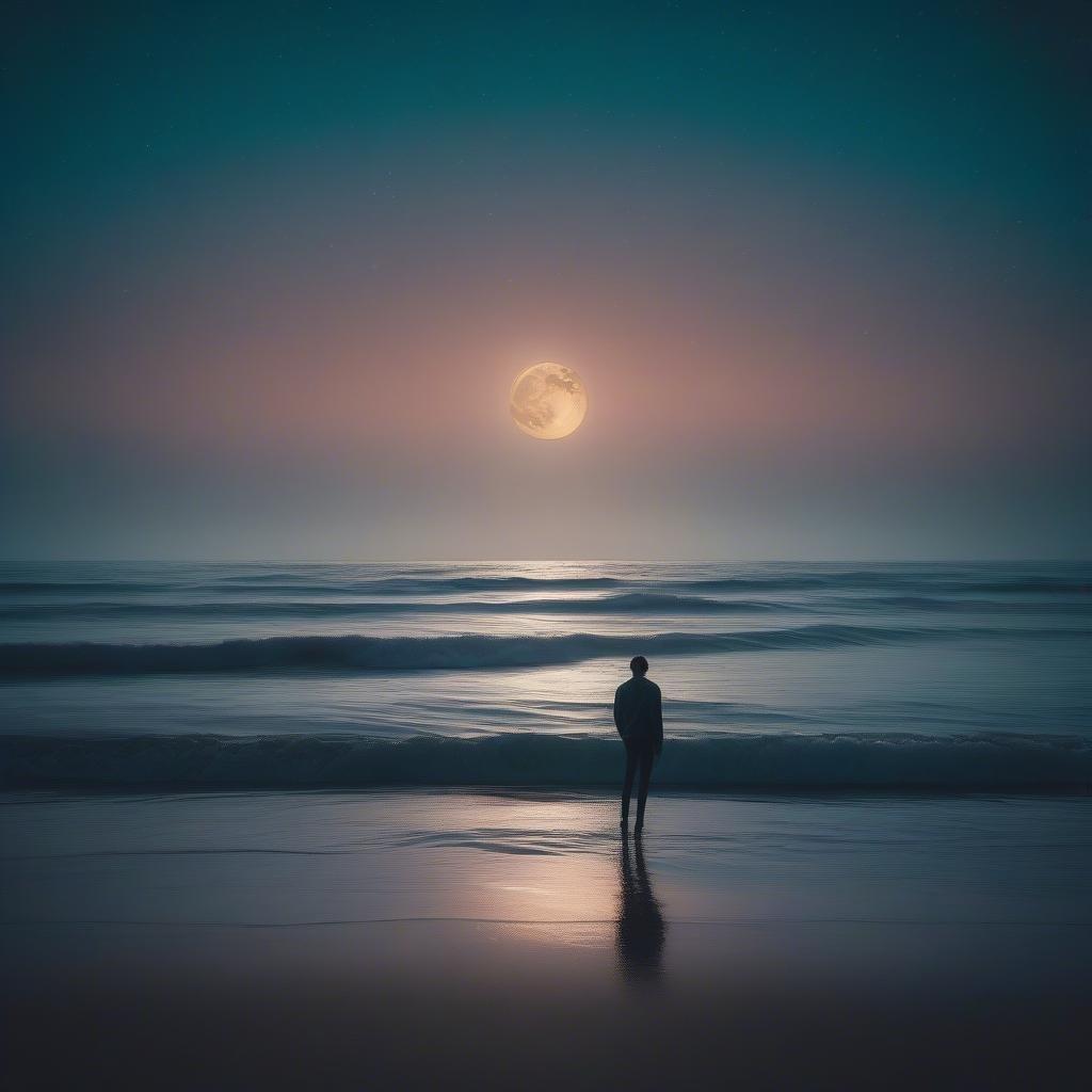 A tranquil evening scene at the beach, with the full moon shining above the waves.