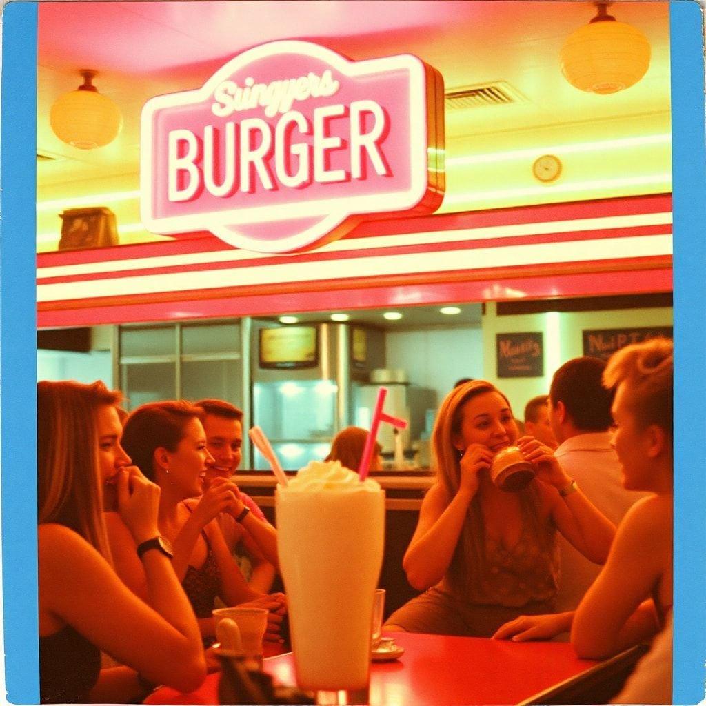 A group of friends enjoying a meal together during an Independence Day celebration at a local diner.