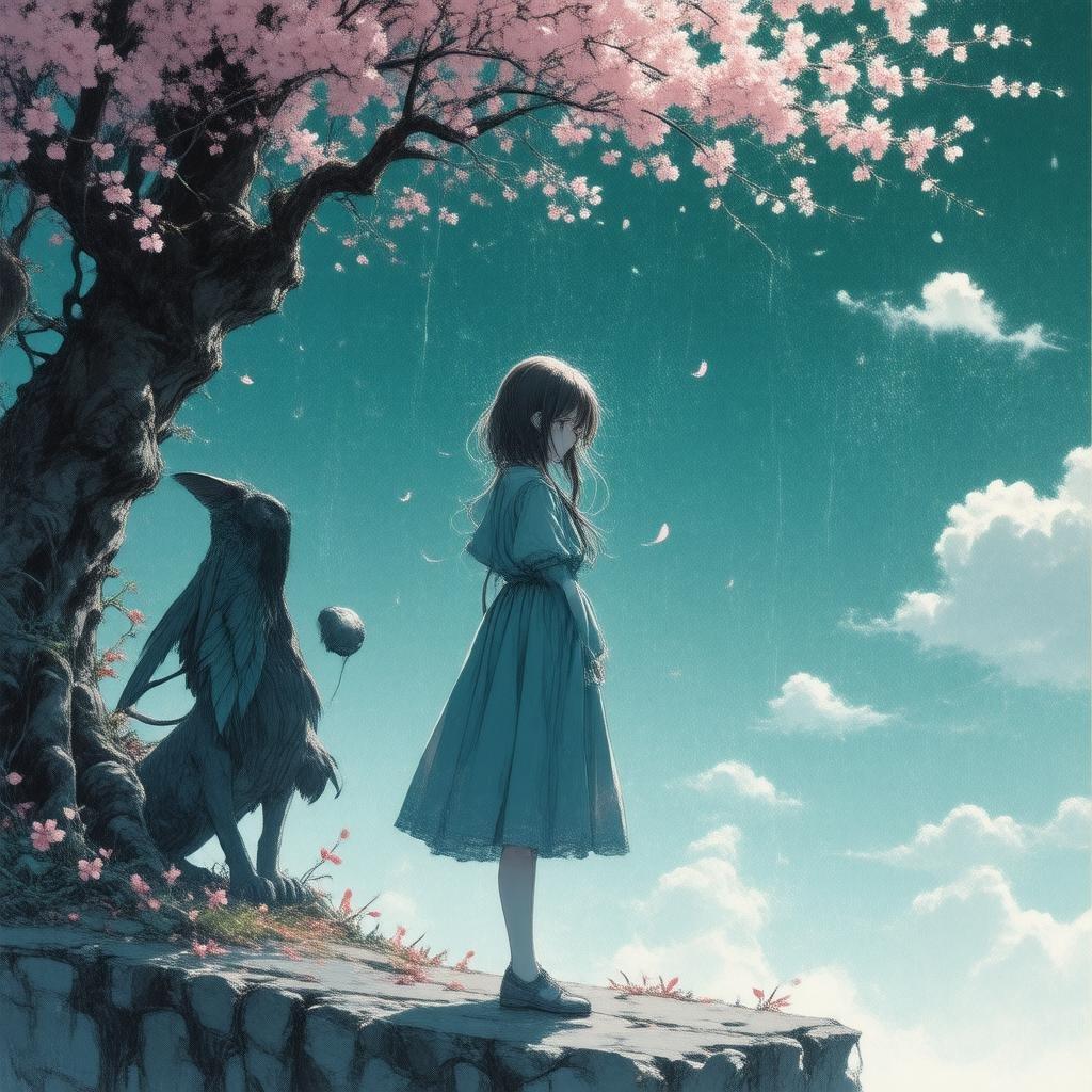 A beautiful anime illustration featuring a young girl standing on a cliff, surrounded by a misty canopy of pink cherry blossoms and a mythical winged lion.