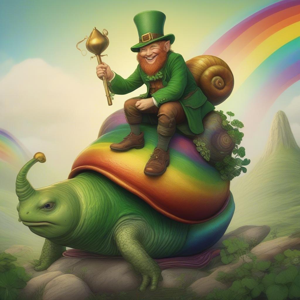 Get ready to add a touch of Irish magic to your desktop or mobile with this stunning wallpaper featuring a leprechaun riding a rainbow snail. Perfect for St. Patrick's Day celebrations or any day you want to bring a little luck and whimsy to your screen.