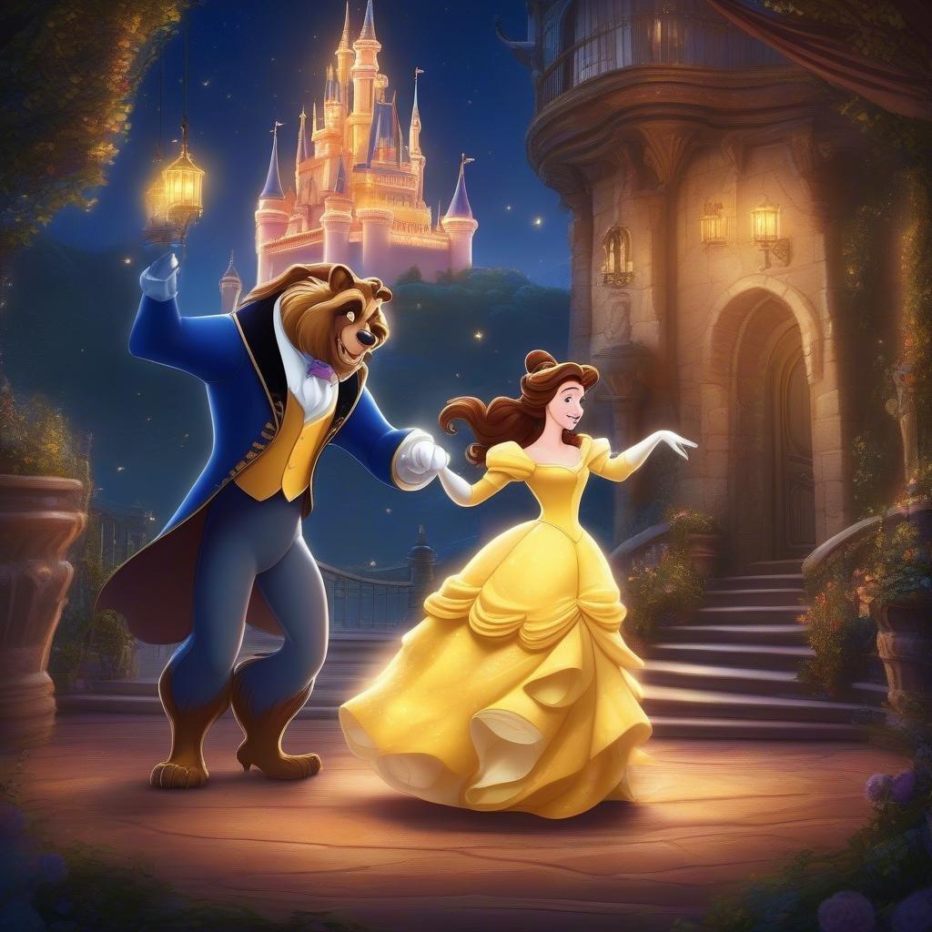 This captivating image features Belle and the Beast from Disney's Beauty and the Beast, set against the iconic castle backdrop. The scene is a quintessential representation of the beloved fairy tale, with Belle's yellow dress and the Beast's blue and gold attire standing out against the lush greenery and the castle's grandeur. The image exudes a sense of enchantment and romance, inviting viewers to step into the magical world of Disney.